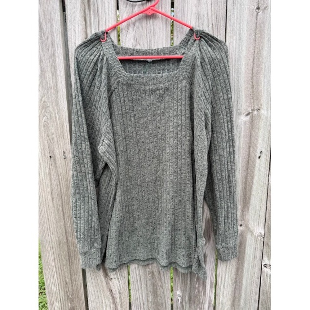 Cottagecore Minimalist Unbranded Ribbed Top XL Grey Square Neck Puff Sleeve